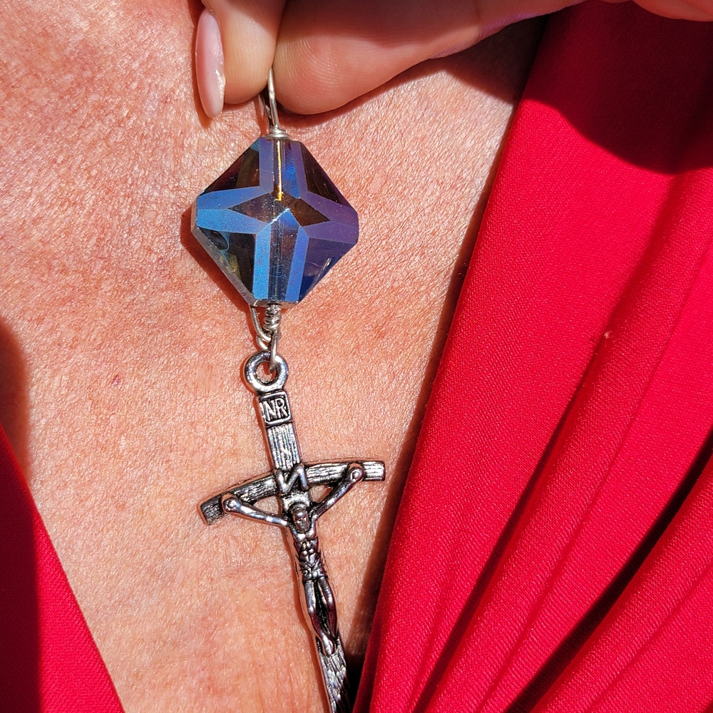 Silver Crucifix Necklace Pendant Only with Blue Gemstone